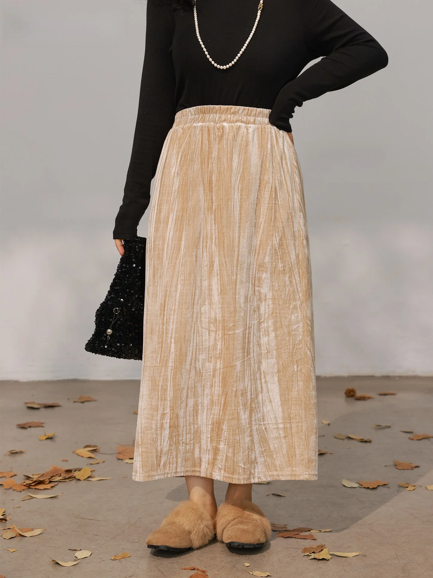

plus Size Diamond Velvet Long A-Line Skirt Loose Fit Casual Polyester Blend Autumn Winter Women's Faion plus Size Skirt