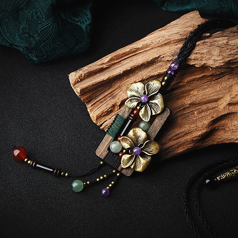 Bronze Flower Long Necklace Square Wood Vintage Necklace Aventurine Crystal Ethnic Handmade Sweater