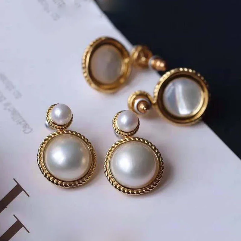 Designer original silver inlaid round pearl earrings unique gold-plating process retro noble luxury charm ladies jewelry