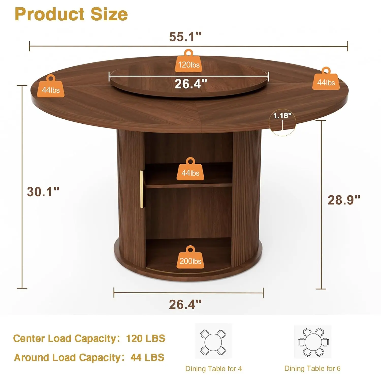 55" Round Dining Table for 6, Modern Kitchen & Dining Room Table with Rotating Lazy Susan, Fluted Pedestal Base with Hidden Stor