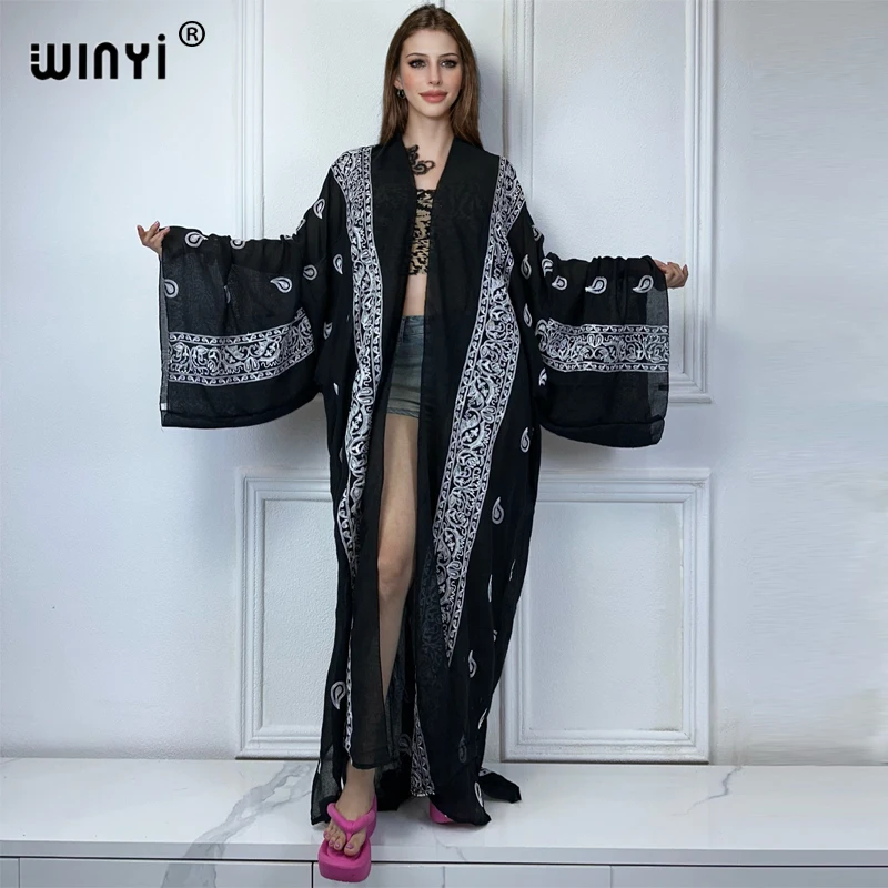 WINYI Embroidery Front cardigan Beach Cover Up Bohemian All-match Sexy comfortable perspective home coat Holiday Kimono dress