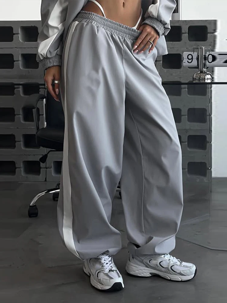 Getäfeltes, langärmliges, übergroßes Oberteil, Hosen-Sets für Damen, Streetwear, Laternenärmel, Reißverschluss, lockerer Mantel, Hose mit weitem Bein, modische Sportbekleidung – Detail 16