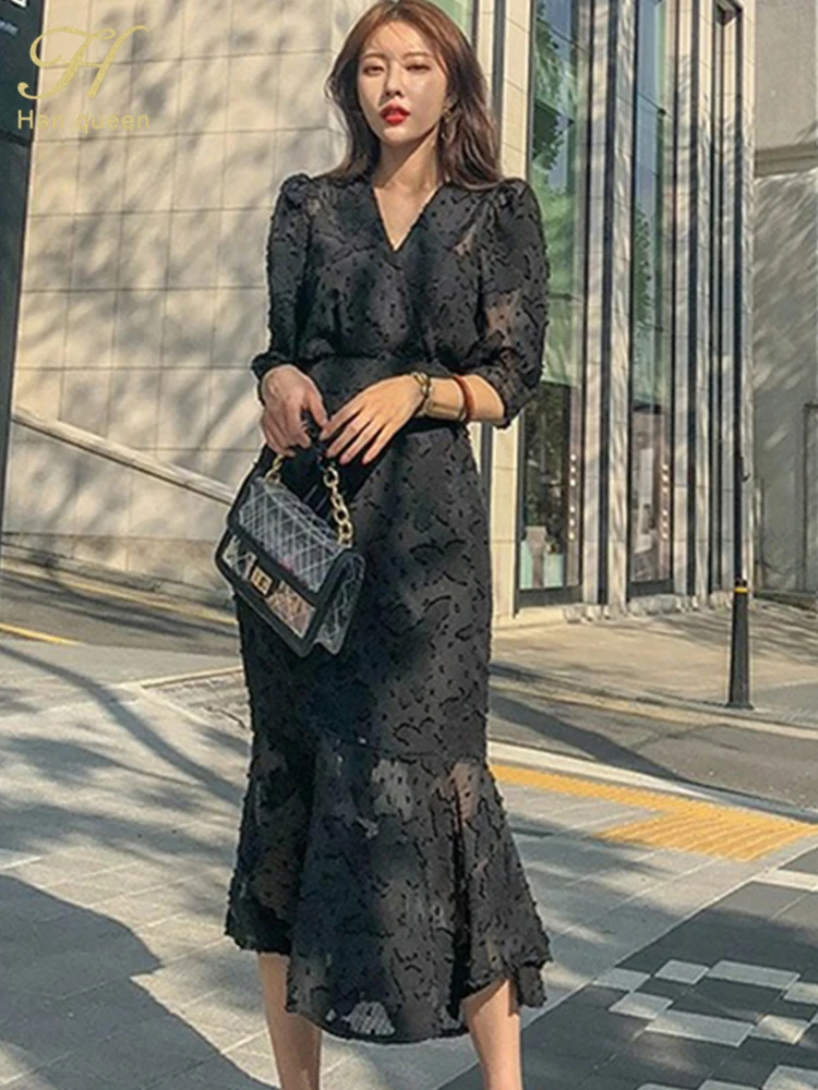 H Han Queen Hot sale Korea Women Party Dress Autumn Fashion Office Chic Chiffon Half Sleeve Ruffles Bodycon Mermaid Midi Dresses