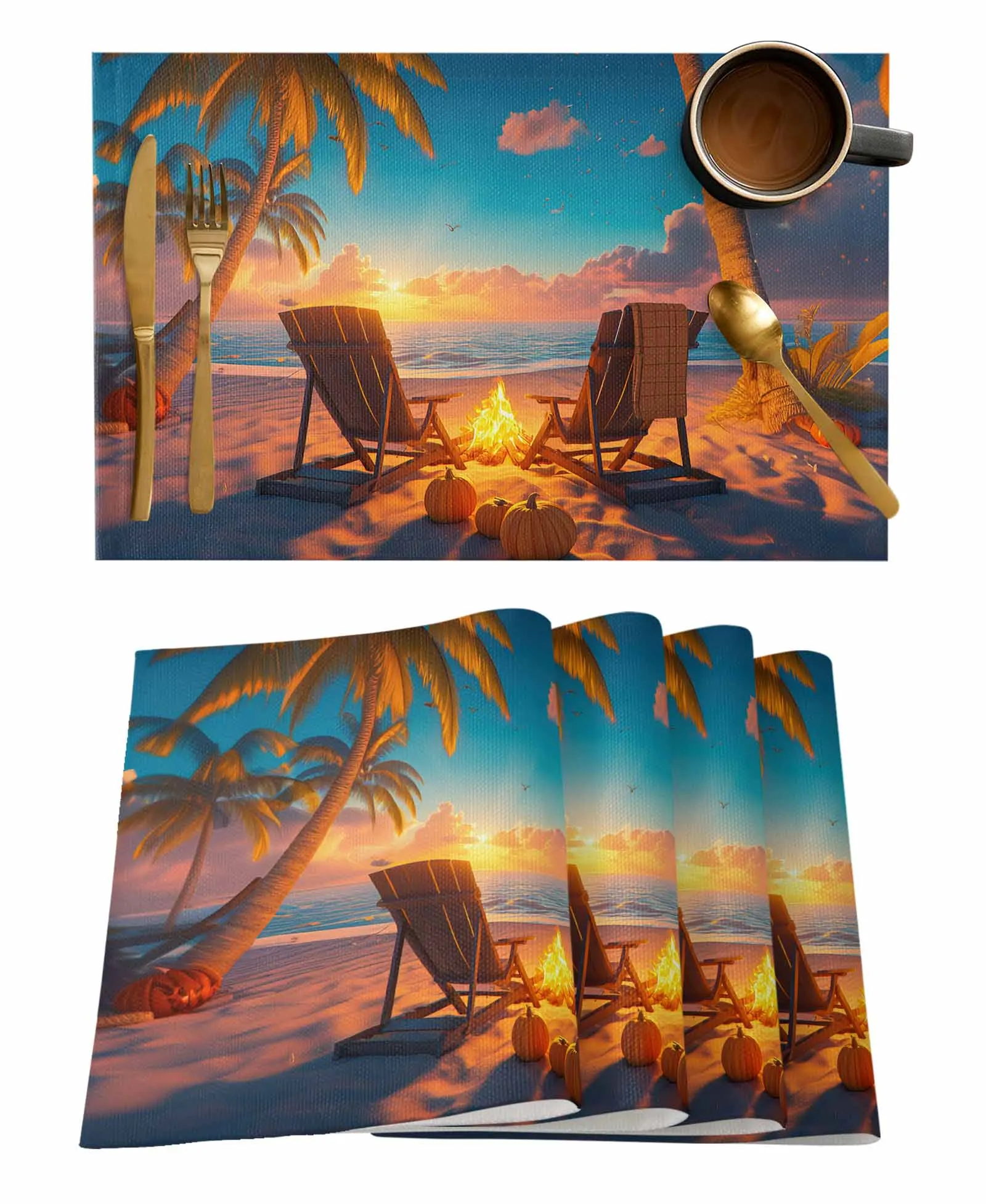 Autumn Beach Bonfire Chair Pumpkin Sunset Table Runners for Dining Room Home Decoration Tablecloth 4/6 Pcs Placemats Table Cover