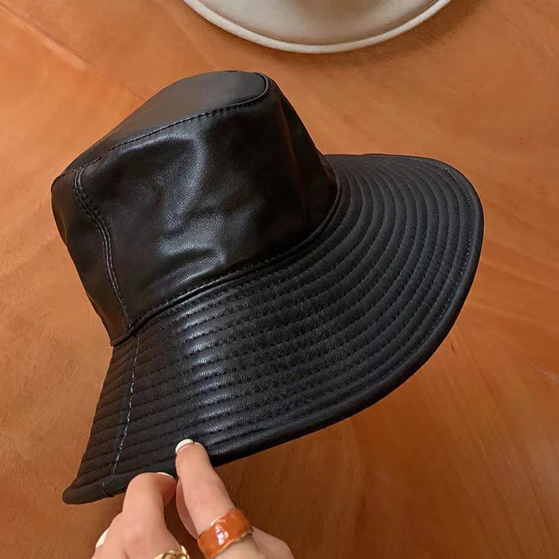 Genuine Leather Bucket Hat For Women Korean Fashion Surper Big Brim Sheepskin Fisherman Caps Mujer Black Bob Chapeau Streetwear