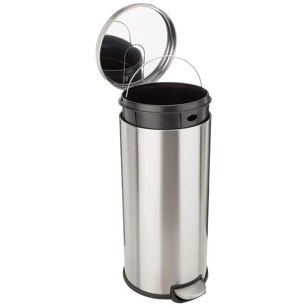 

Round Cylindrical Trash Can With Soft-Close Foot Pedal,Brushed Stainless Steel