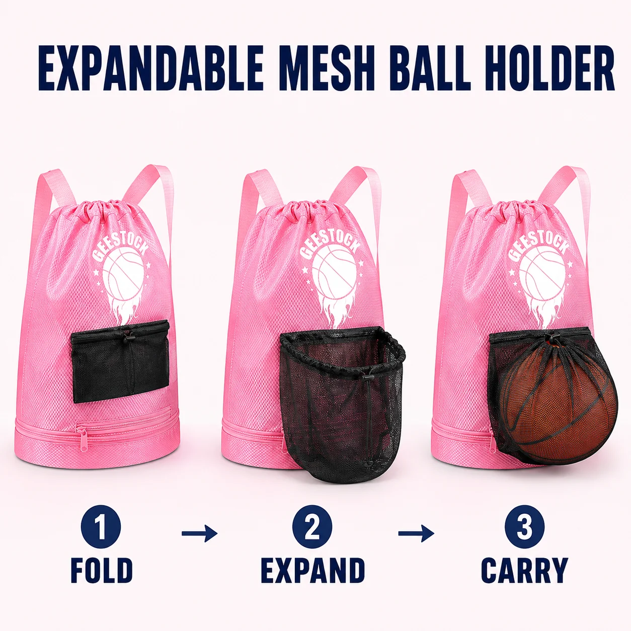 GEESTOCK Basketball Drawstring Backpack with Ball Holder & Shoe Compartment, Lightweight Sports Gym Bag for Teens