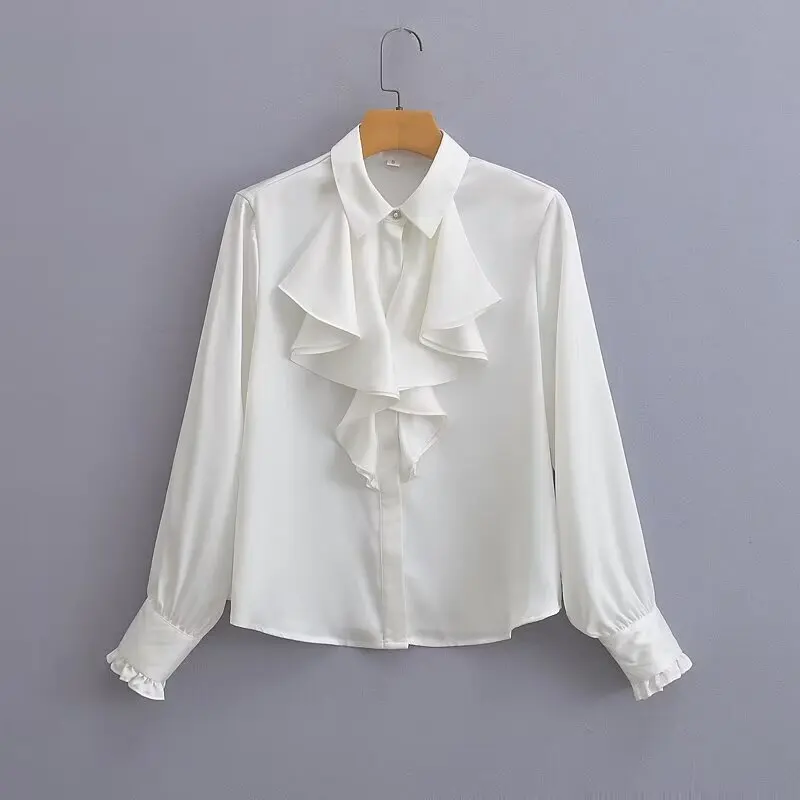 

Silk Satin Texture Women's irt Single Button Front Layered Decor Spring 2024 New Sle Commute Straight Tube Long Sve