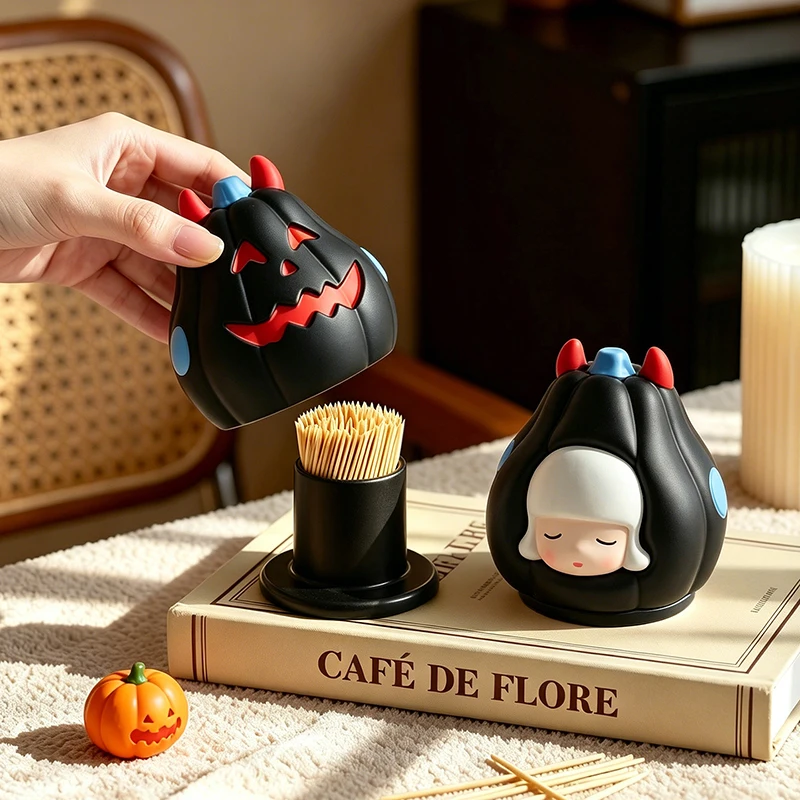 Double Sided Face Pumpkin Toothpick Holder Devil Horn Storage Jar Halloween Tabletop Ornament Dining Kitchen Desktop Decor Gift