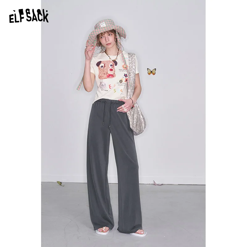 ELFSACK 2025 Spring New Arrivals Y2K Retro Grey High Waist Drawstring Straight Pants Women Loose All-match Sweatpants