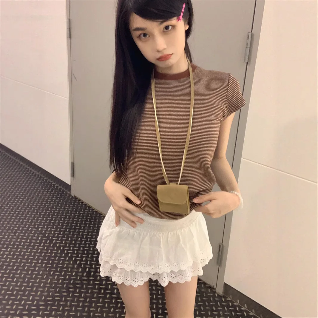 Women Lady Spring Summer Retro Striped Short-Sleeve T-Shirt Girl Student Round Neck Base Shirt Slim-fit Casual Student T-Shirt