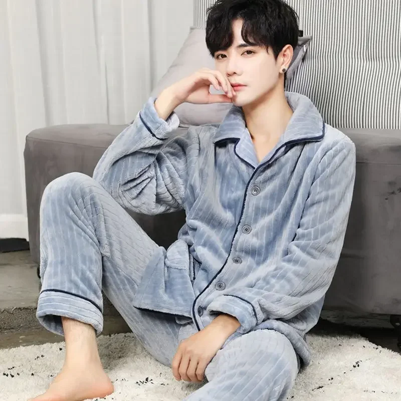 Men Coral Velvet Pajamas Autumn Winter Thick Loungewear Male Flannel Household Service Suit Youth Outside Wear Fashion Sleepwear