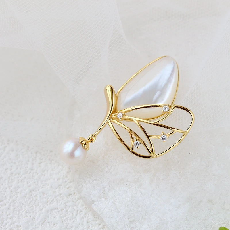 Authentic 925 Sterling Silver Brooch 18K Gold Plated Butterfly Inlaid Natural Freshwater Pearl Shellfish Trendy Jewelry Gift