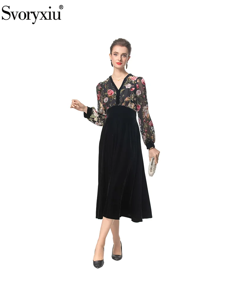 

Svoryxiu Fashion Runway Autumn Party Vintage Midi Dress Women's Beading V-Neck Print Long Sleeve High Waist A-Line Long Dress