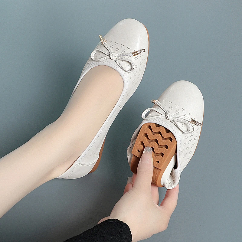 AIYUQI Women Summer Shoes 2024 Spring New Genuine Leather Flat Casual Shoes Women Round Toe Large Size Cutout Mom Shoes Women