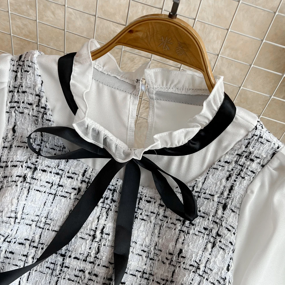 خريف جديد طويل مضيئة الأكمام الشريط القوس أسود أبيض فستان قصير للنساء شيك وهمية قطعتين المرقعة قصيرة أنيقة ألف خط فستان