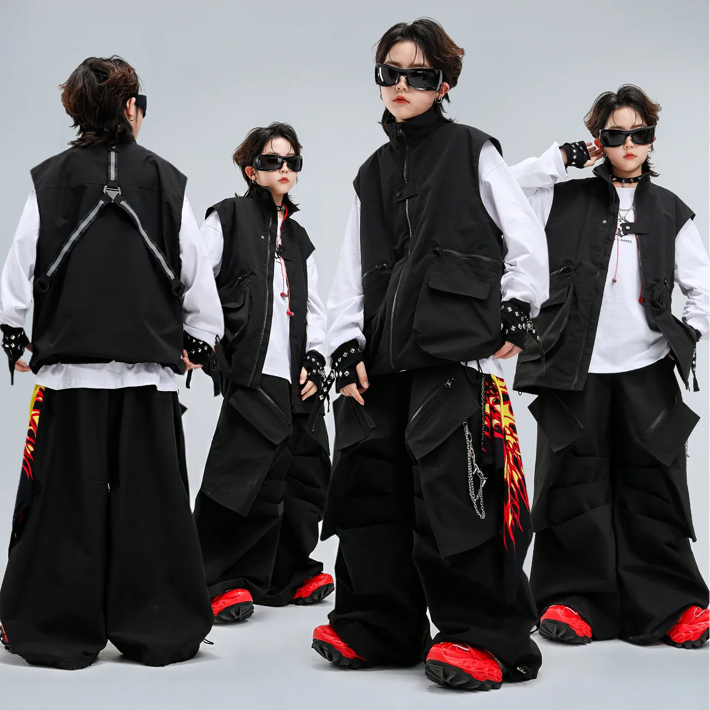 

Kid Kpop Hip Hop Clothing Black Back Strap Vest Large Pockets Parachute Cargo Pants for Girl Boy Street Dance Costumes Clothes