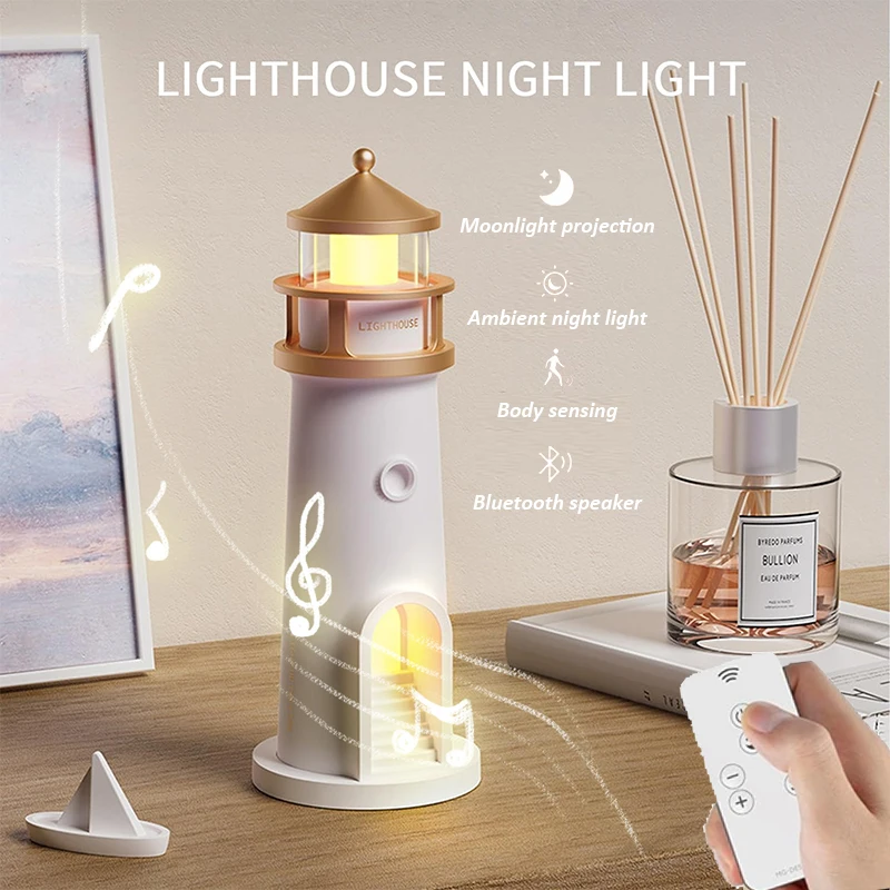 

Moon Projection Night Lights Remote Control Lighthouse Ambient Light Bluetooth Music Motion Sensor Creative Desktop Decor Gifts