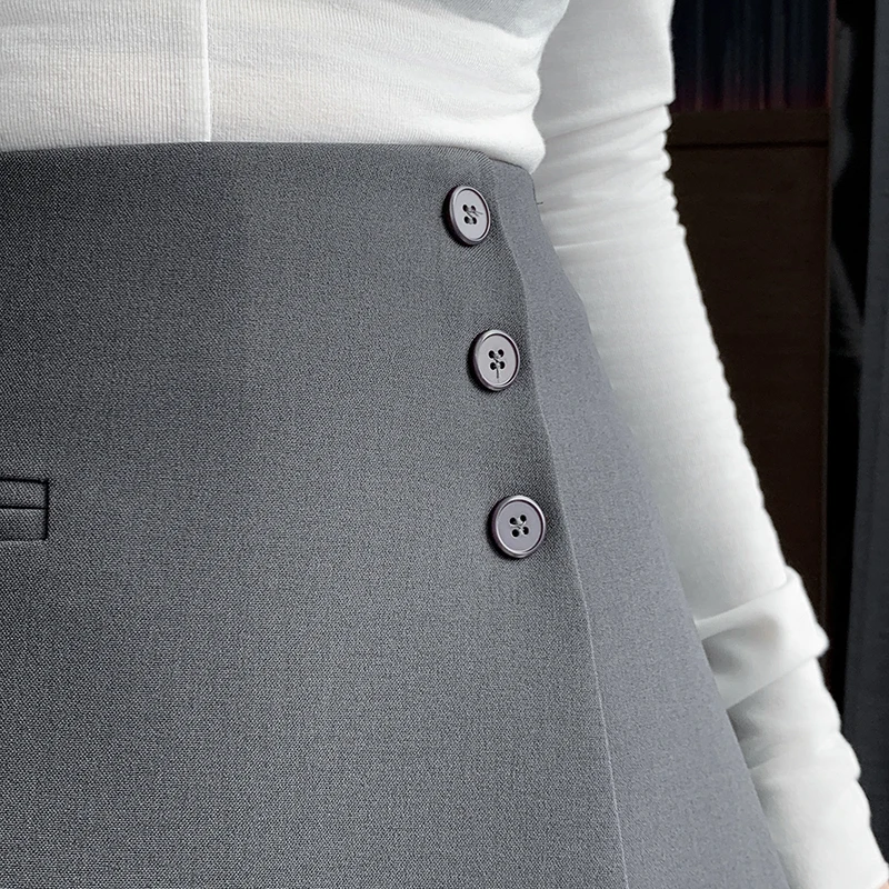 رمادي مكتب OL المرأة التنانير السراويل مع زر 2023 خريف عالية الخصر الدعاوى النسيج بنطال قصير فام #6