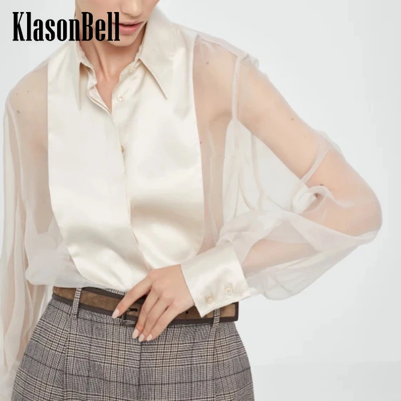 

6.12 KlasonBell Women Temperament Silk Organza Spliced Acetate Lapel Shirt Fashion Sexy Sheer Long Sleeve All-matches Blouse