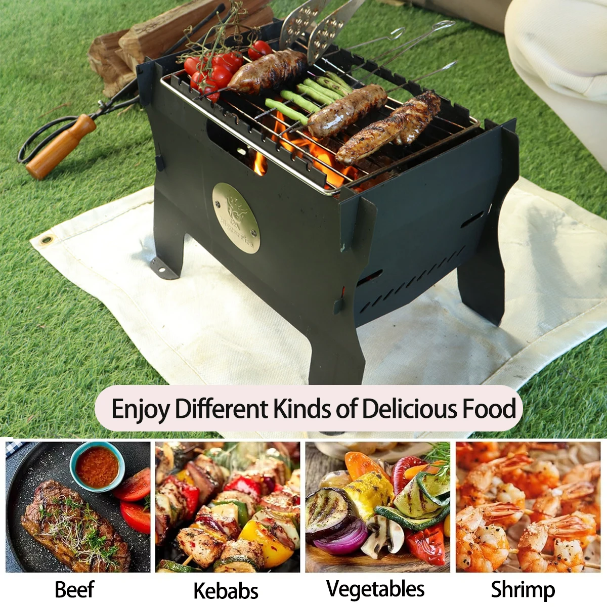 

2-in-1 Charcoal Grill & Gas Grill, Small Metal Camping Grill Portable Fire Pit Table Grill with Stainless Steel Grate