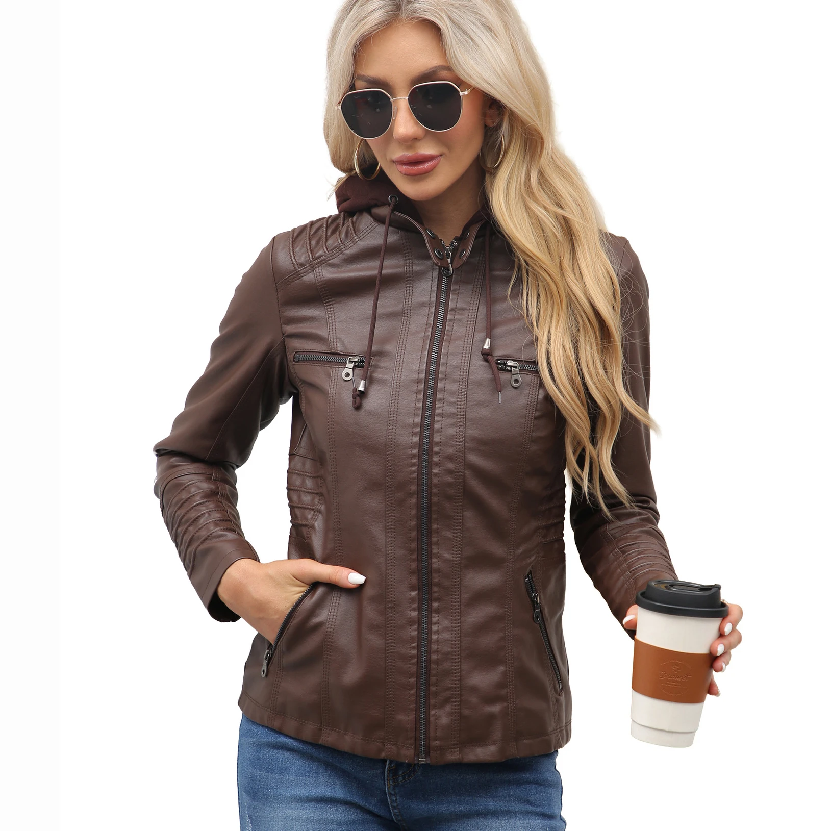 

Женская куртка из искусственной кожи с капюшоном, комплект пальто, весенне-осенняя съемная верхняя одежда из искусственной кожи большого размера, удобная повседневная одежда