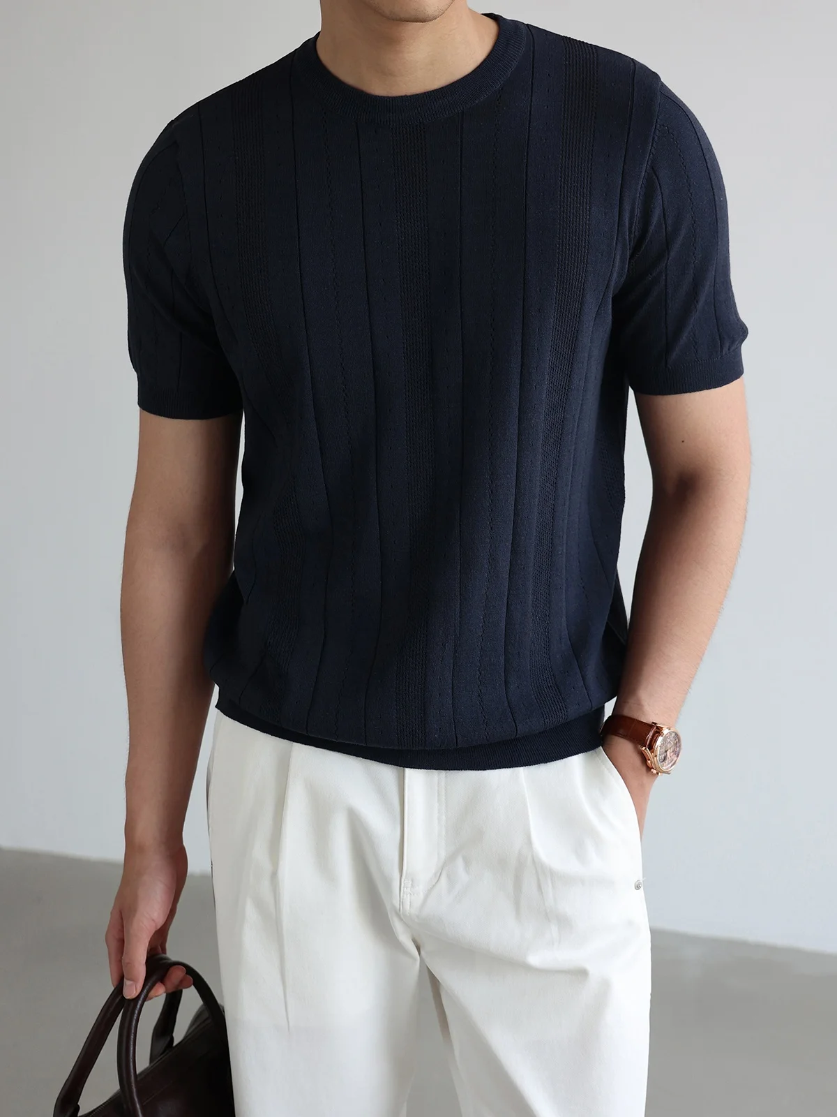Men's Linen Lyocell Blended Knitted T-shirt Summer Breathable Comfortable Casual Short Sleeve Top round Neck Standard Fit