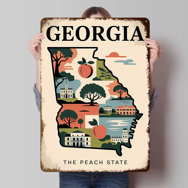 Georgia: The Peach State Illustrated Map Printed Poster Customized Retro Wall Art Vintage Metal Tin Signs for Home Wand Deko