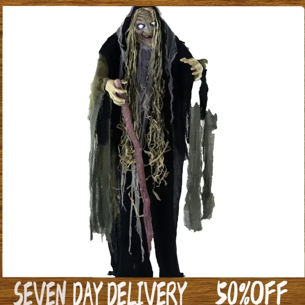 Halloween Outdoor Decorations 6FT Standing Witch Animatronic Touch Activated LED Lights Battery Operated Accessories Props