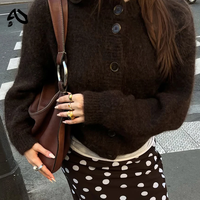 

Original Autumn Winter Women's Cardigan Wool Sweater New Retro Solid Color Round Neck Long Sleeved Loose Casual Versatile Top