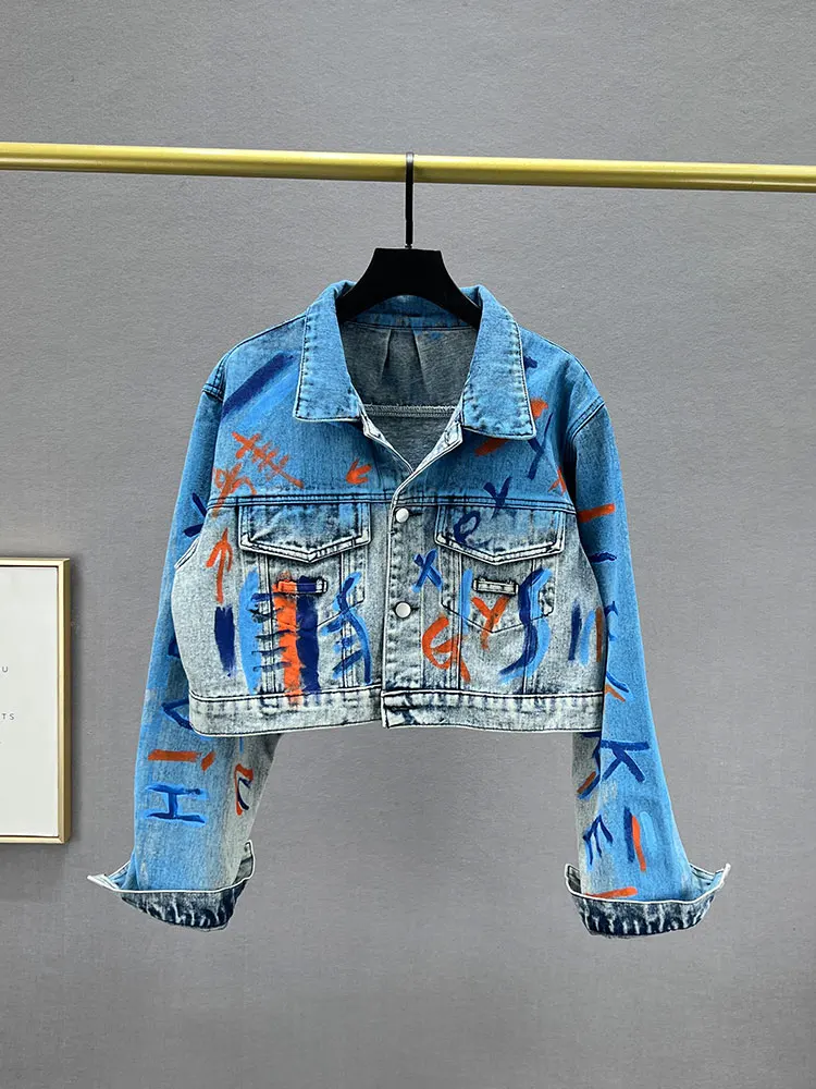 

Spring new loose and thin heavy industry graffiti print long-sleeved jacket denim top women's street short denim jacket