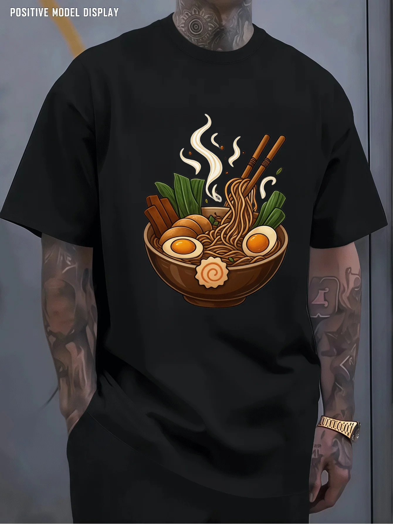 Men Dark Gray Crew Neck Tee Vivid Cartoon Ramen Noodle Bowl With Soft Boiled Egg Chives Chopsticks Asian Food Lover Soft Cotton
