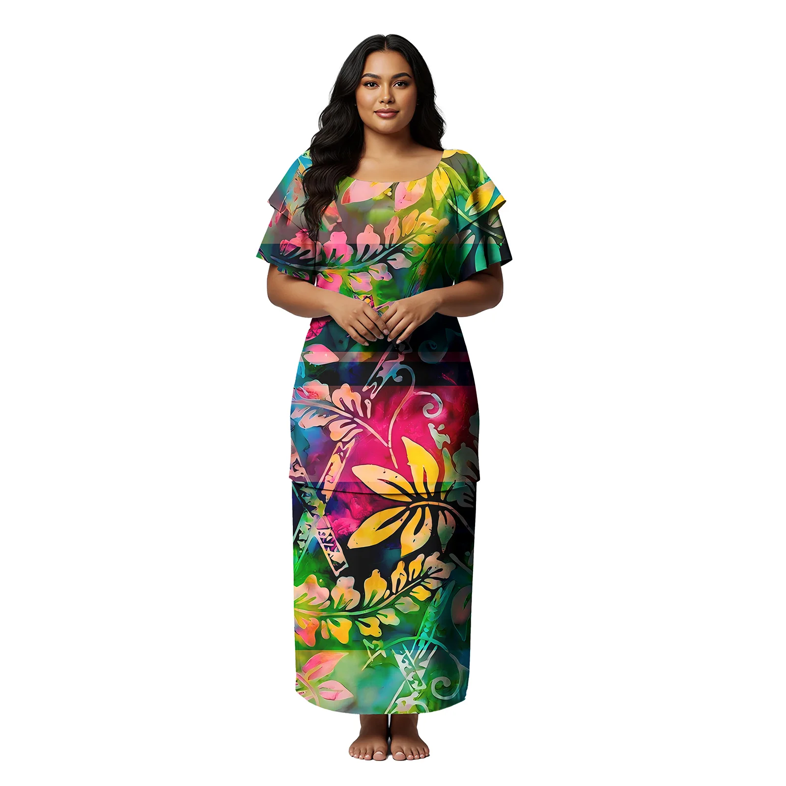 

Hawaiian Floral Print Ladies Wear Custom Clothes Polynesian Island Women Top and Skirts 2 pcs Samoan Elegant Puletasi Dresses