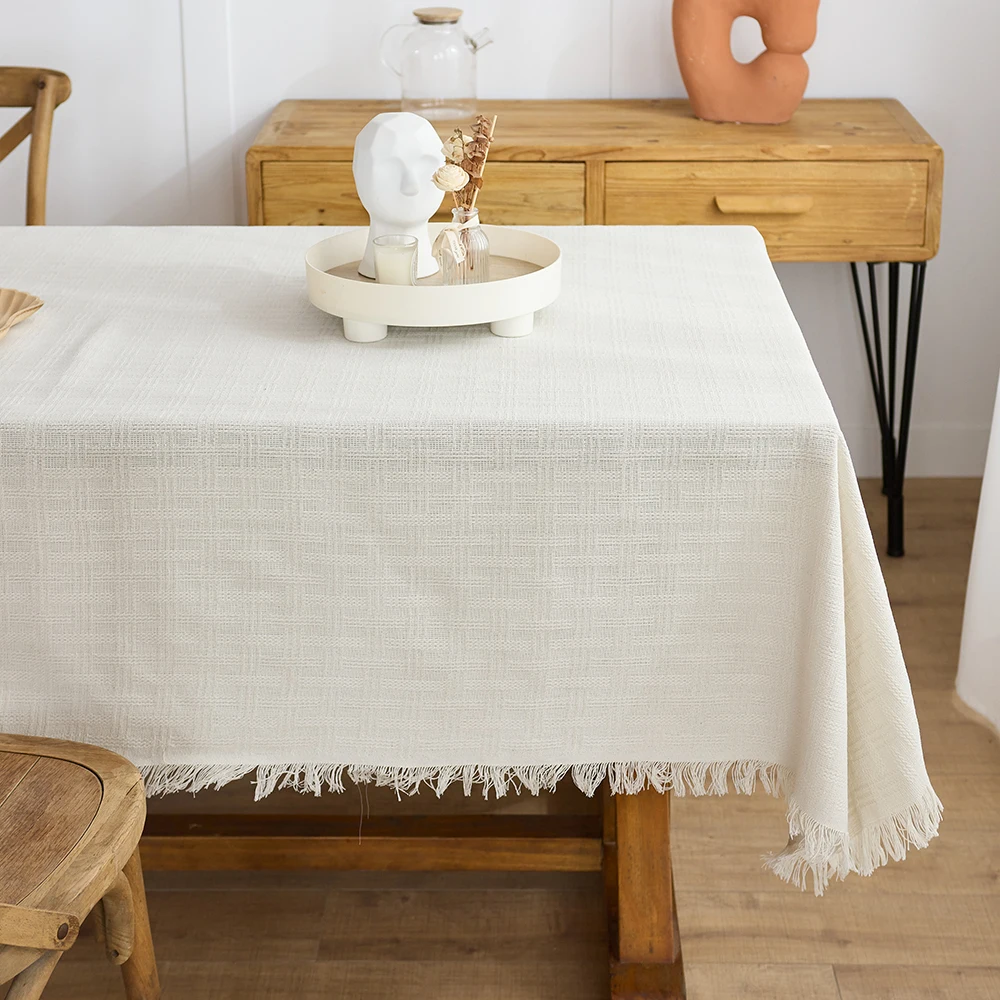 Cotton Linen beige Tablecloth Square Table decor Burlap Table  Covers with Tassel for Kitchen Dinning Picnic Wedding Party