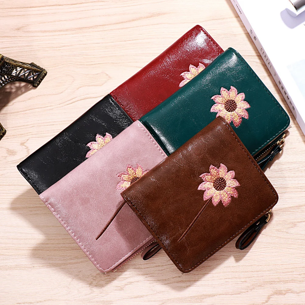 

Flower Pattern Black Bifold Wallet PU Slim Foldable Coin Purse Ladies Compact Card Cash Holder Change Pouch Women Wallet