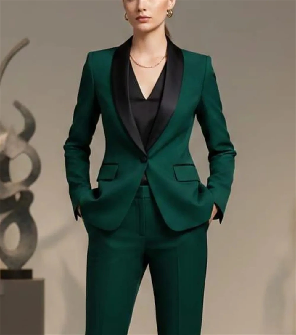 Womens Emerald Green Pantsuit 2 Pcs Elegant Slim Fit Formal Business Wear Office Suit Wedding Outfit (Jacket+Pants)