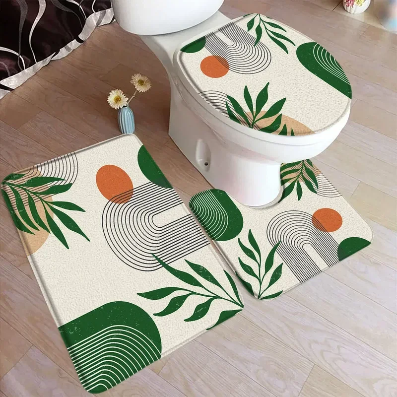 Abstract Mid Century Bath Mat Set Black Line Green Leaf Modern Geometric Boho Home Carpet Bathroom Decor Floor Rugs Toilet Cover