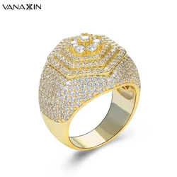 VANAXIN Men's Hexagon Ring High Quality 14k Gold Plated Fully Iced Out for Women Men CZ  Fashion Hip Hop  Jewelry