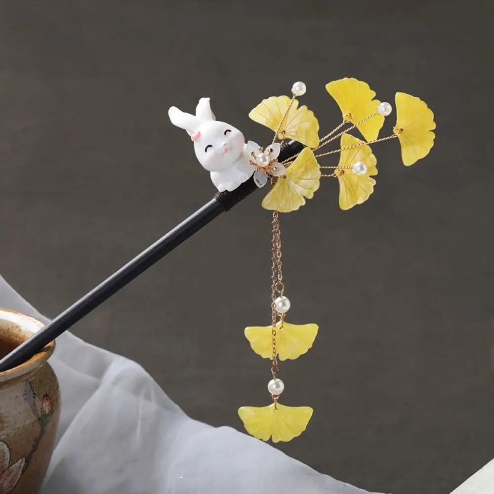 

Antique Rabbit Wooden Hair Stick Tassel Flower Hanfu Hairpin Hanfu Headwear Hair Fork For Girl