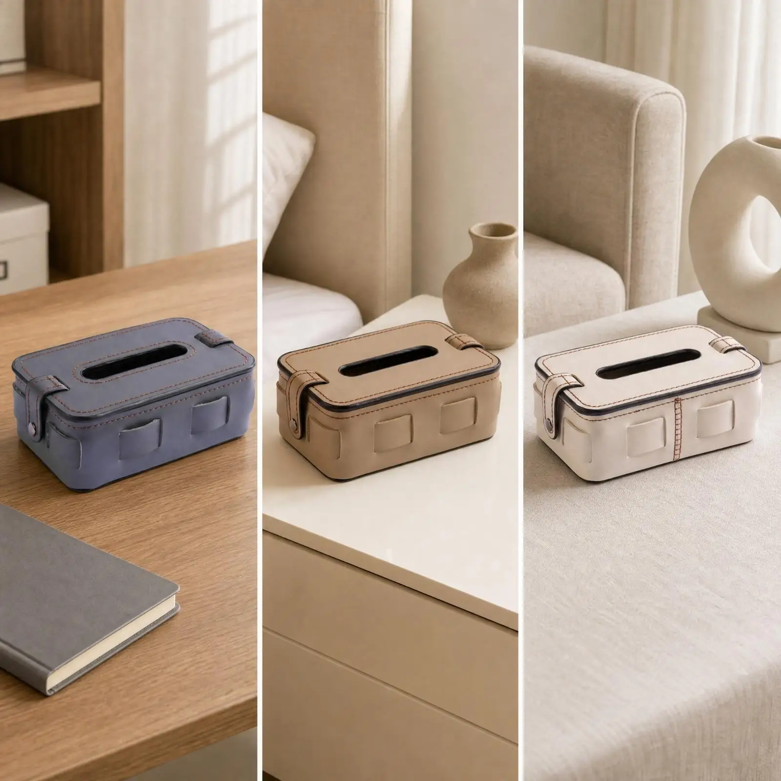 Lamb Leather Tissue Box Cover with Metal Wood Base Decorative Rectangular Panels for Living Room Office Desk Use