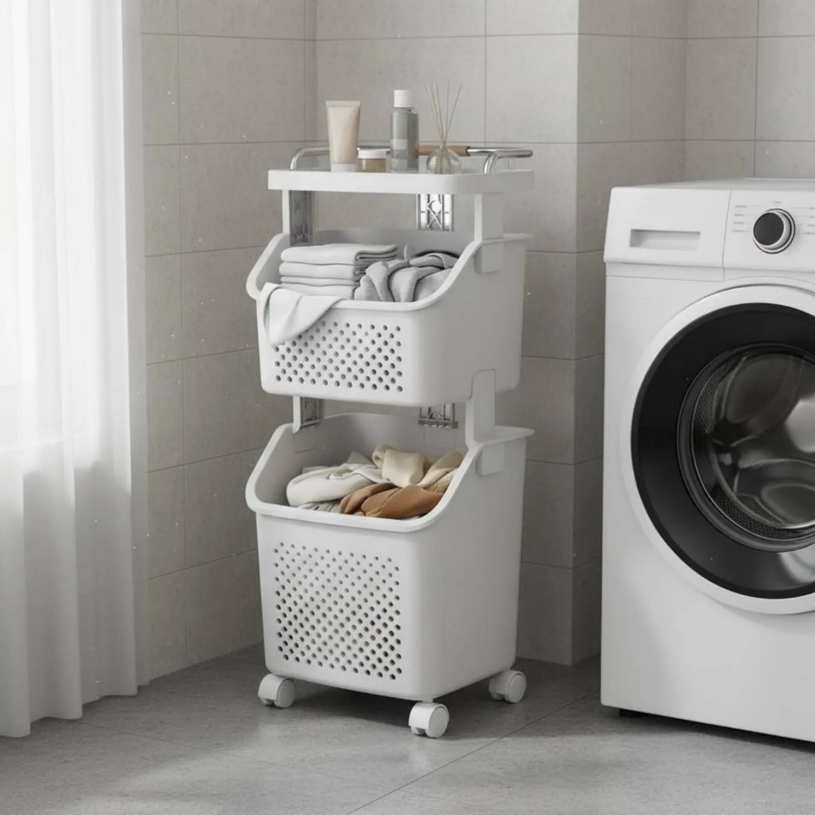 

3 Tier Laundry Basket Carrier Multi-Layer 3-Tier Laundry Hamper Household Storage Large Capacity Removable Baskets for Bathroom