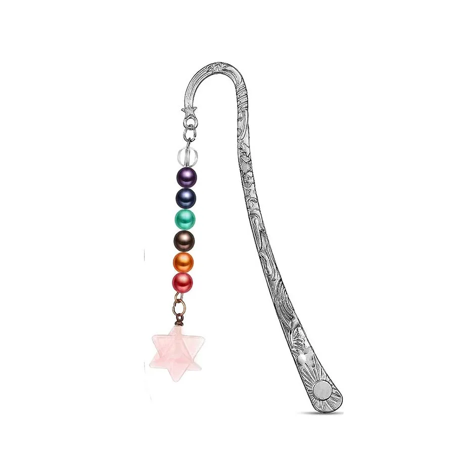 

Copper Metal Bookmark Natural Stone Rose Pink Quartz Merkaba Star 7 Chakra Crystal Pendant Jewelry For Women Men Girls Gifts