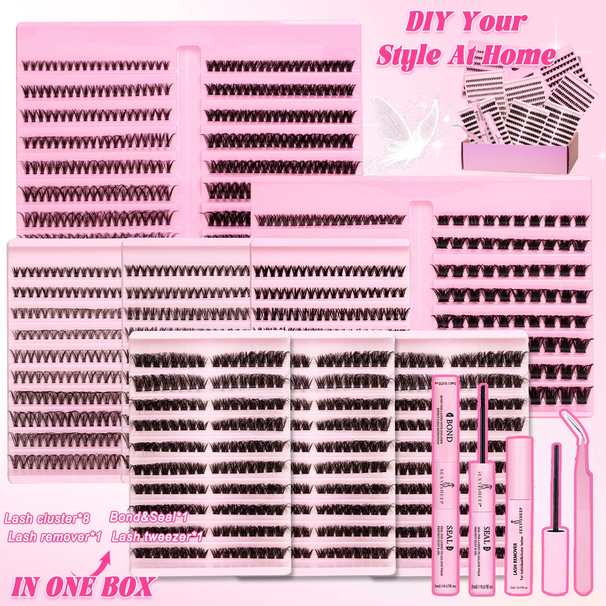 لتقوم بها بنفسك الفردية رمش تمديد عدة مزيج أنماط حجم لاش مجموعات D حليقة رقيقة الفرقة العنقودية جلدة مع السندات و ملاقط الختم #2