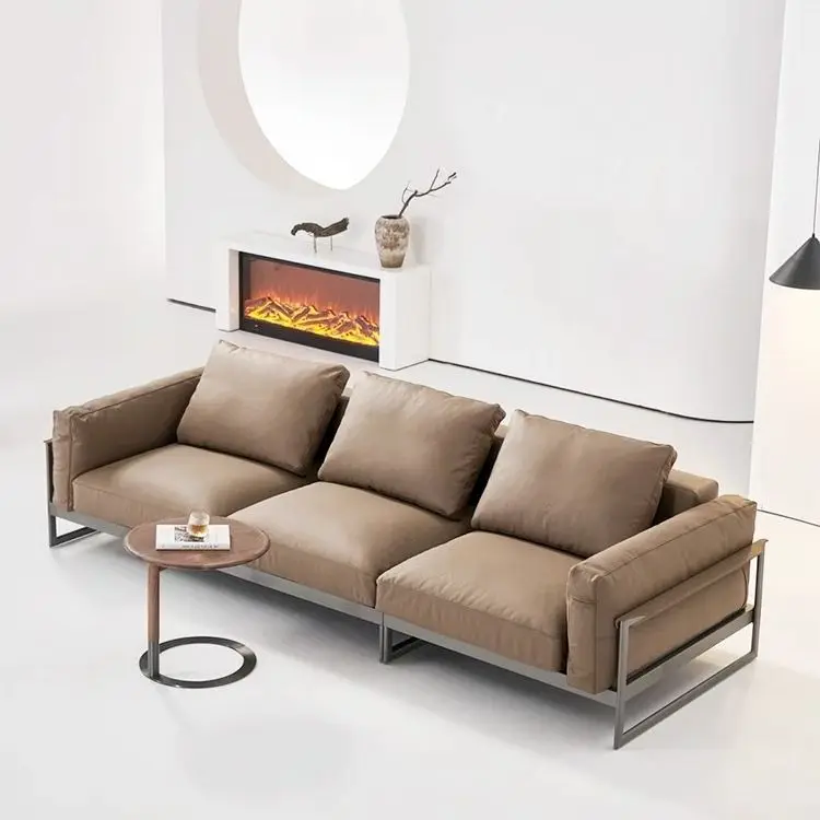 Italian minimalist first-layer cowhide sofa Internet celebrity small apartment three-person steel frame industrial wind straight