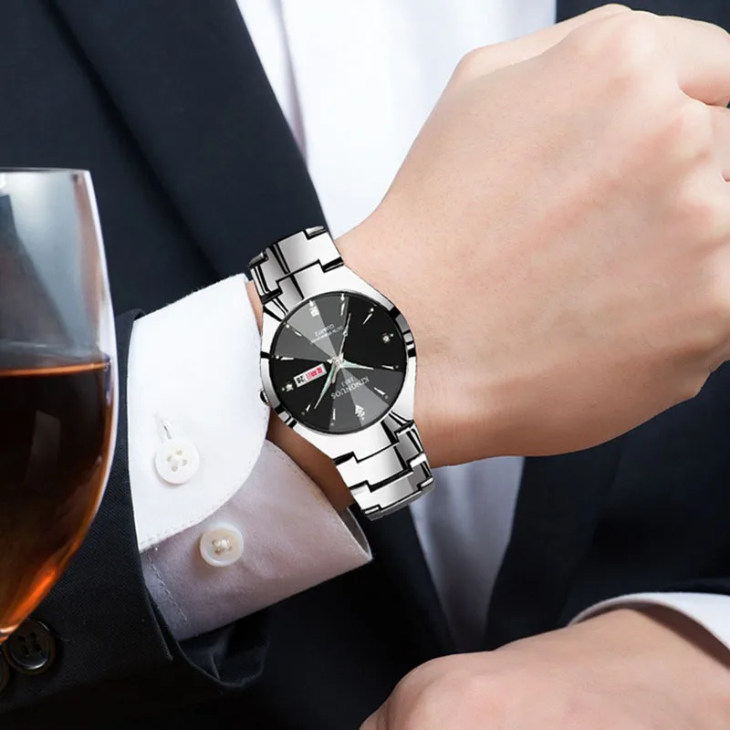 Orologio da uomo nero al tungsteno, orologio da uomo, orologio al quarzo luminoso da uomo, data settimana, orologio da studente impermeabile