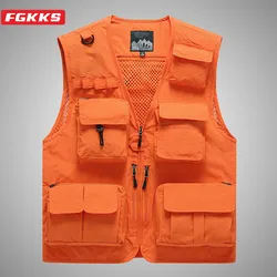 FGKKS Men's Vest Multi-Pocket Thin Trend Mesh Breathable Detachable Waistcoat Outdoor Mountaineering Fishing Casual Vest Male