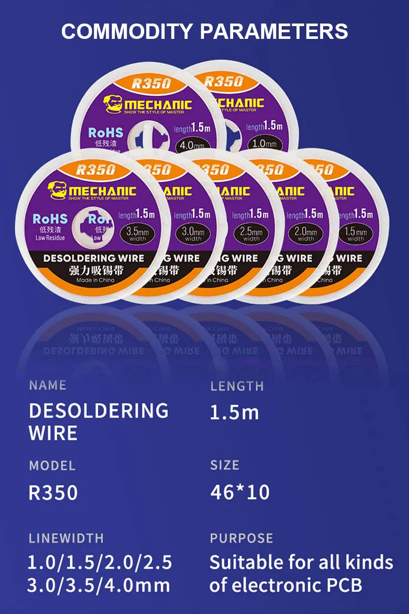 MECHANIC R350 1.0 1.5 2.0 2.5 3.0 3.5 4.0mm Powerful Solder Wick Electric PCB Board Tin Absorption Pure Copper Desoldering Braid