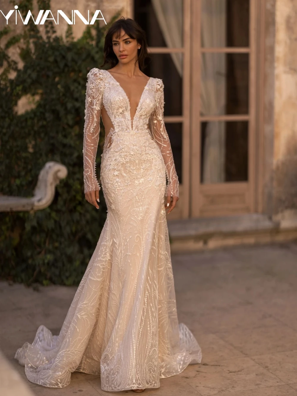 

Shimmering Beaded Lace Appliques Wedding Dress Sexy Deep V-neck backless Bridal Gown Customized Luxury Mermaid Dresses For Bride