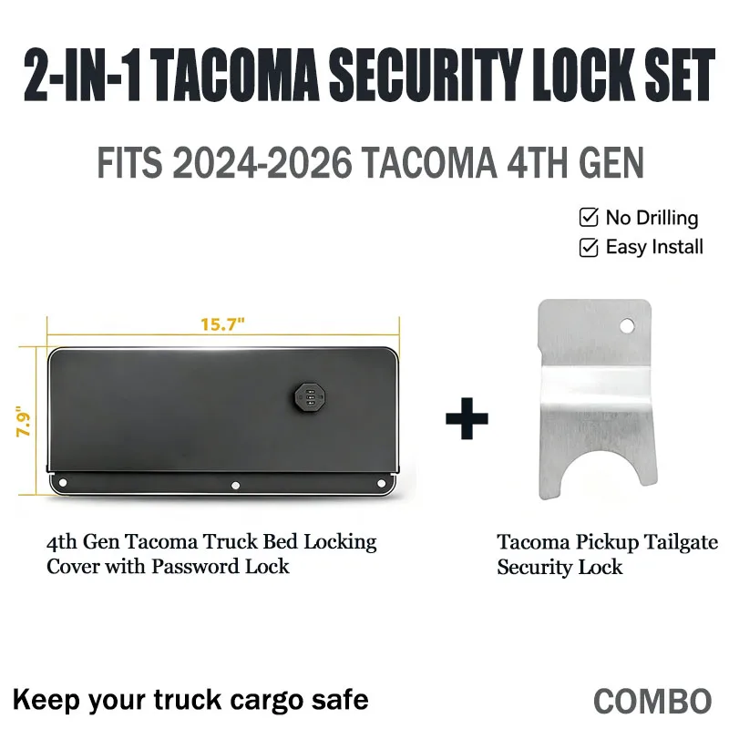 2-in-1 Tacoma Anti-Theft Lock Kit, Bed Password Lock & Tailgate Safety Lock, No Drilling Install, Fits 2024-2026 4th Gen Tacoma