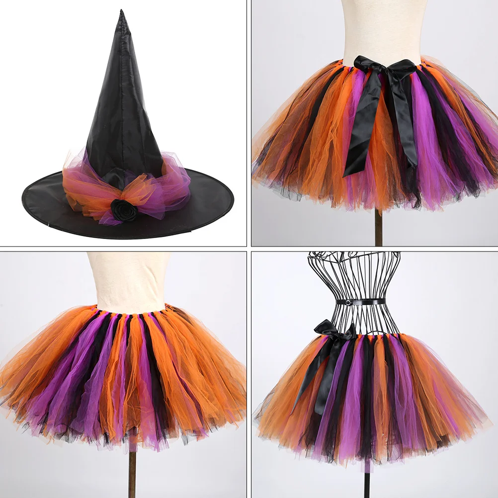 ชุดแม่มดฮาโลวีน 1 ชุด ประกอบด้วยหมวกและกระโปรง ดีไซน์สีสันสดใส สำหรับเด็ก แต่งตัวในงานวันเกิด งานแสดง ถ่ายภาพ